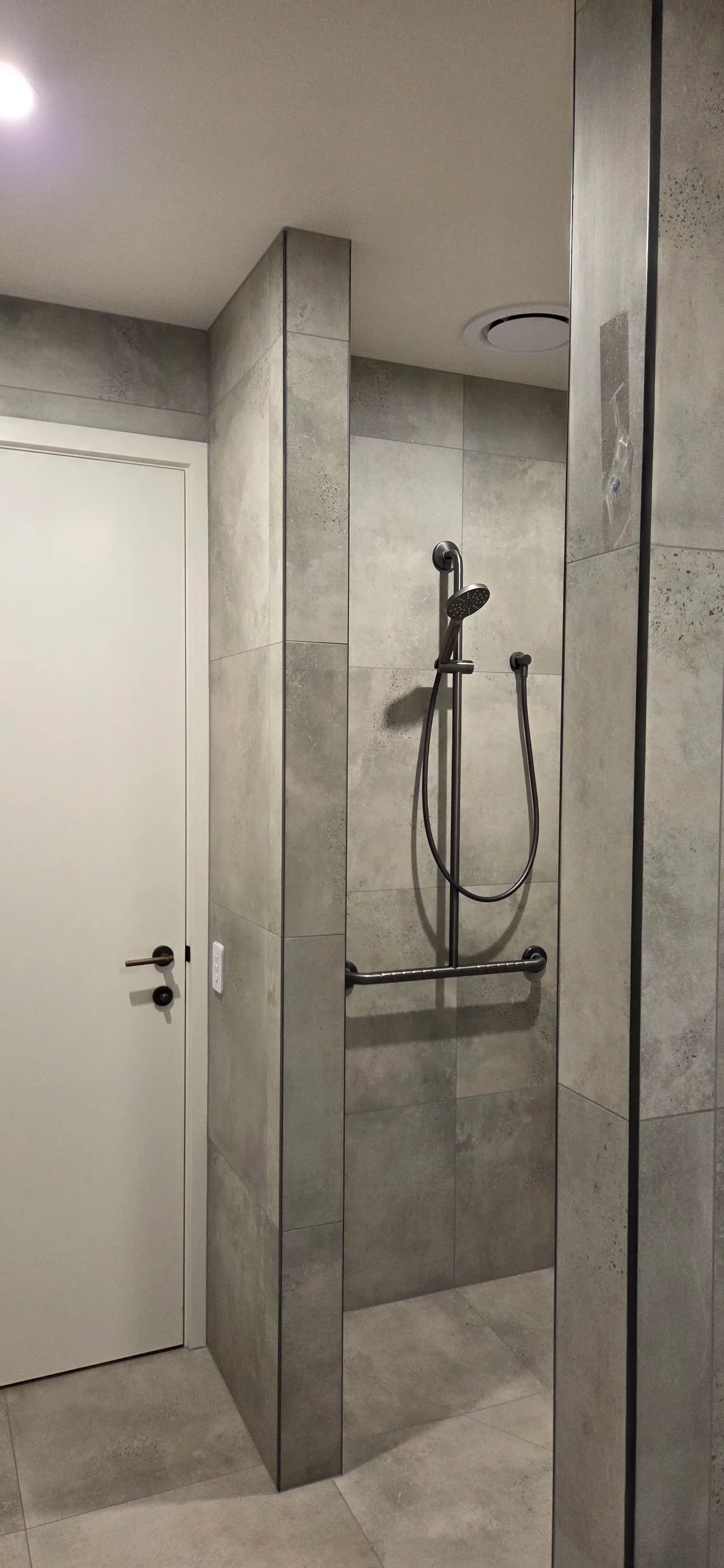 Walk-in tiled shower with a rail shower head