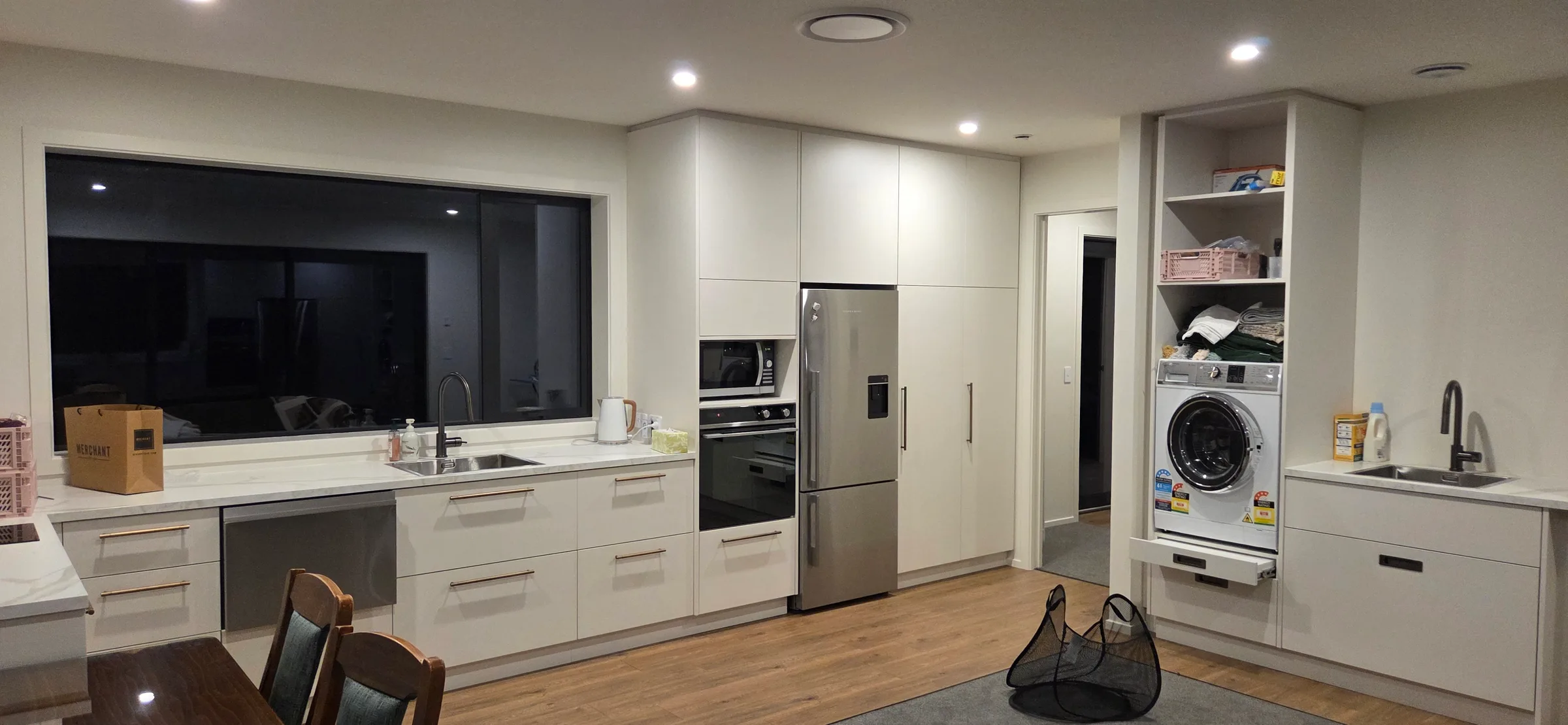 Full kitchen with oven, microwave, dishwasher and fridge freezer